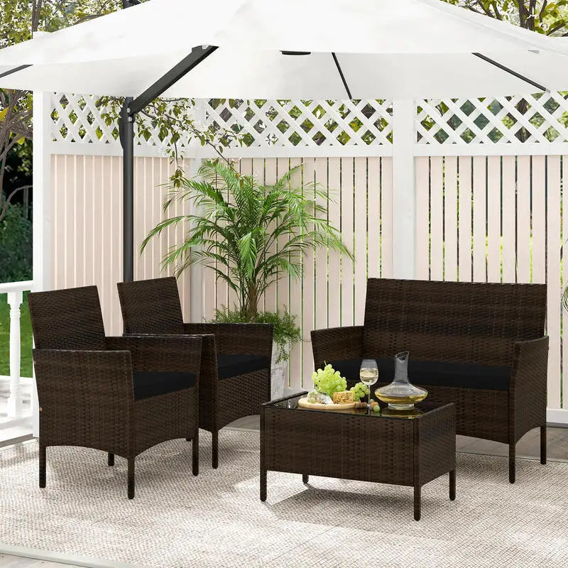 Rattan Tuinmeubelset - Gehard Glazen Tafel - Verstelbare Voetpads - Bruin