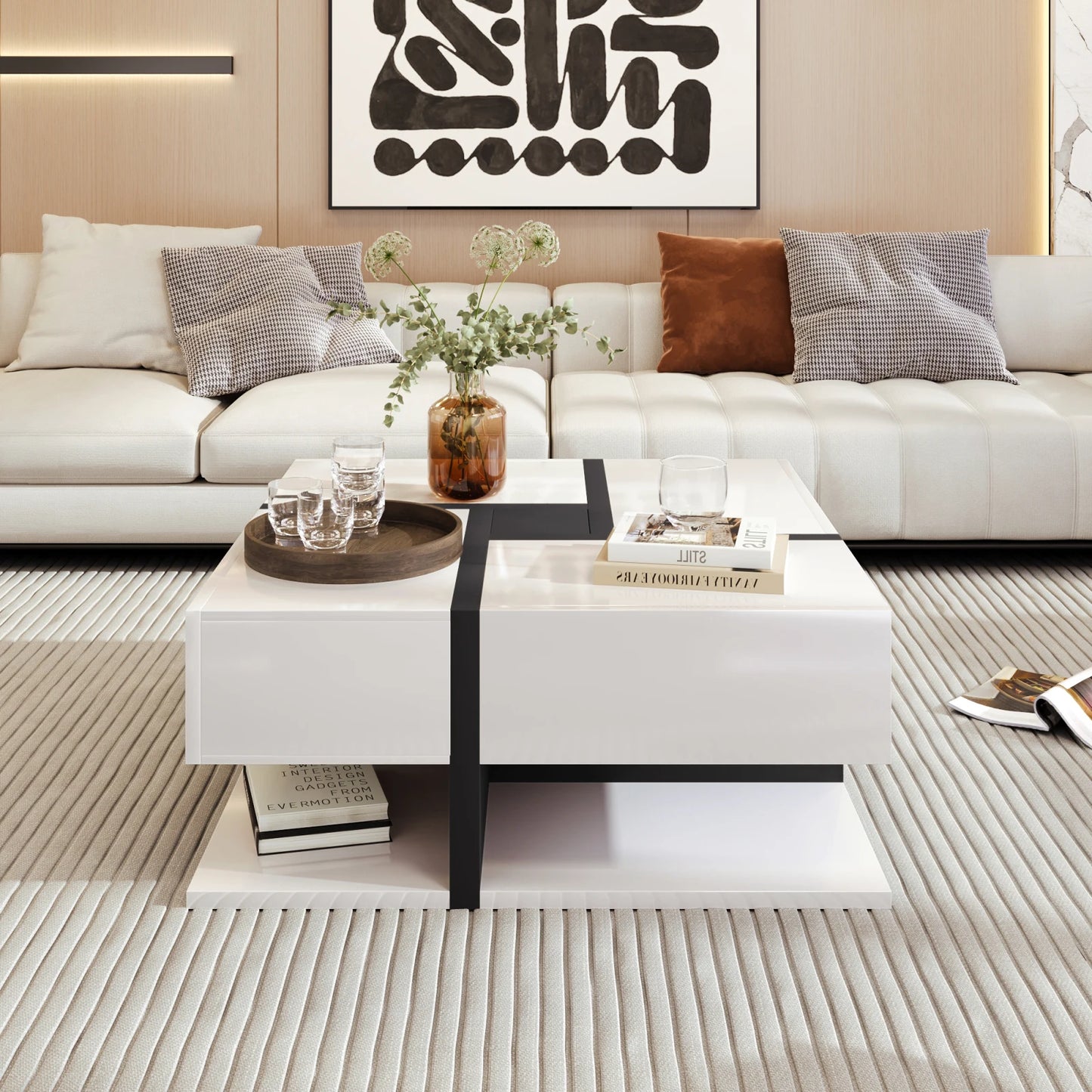 Houten Salontafel - 4 Laden - Hoogglans - Wit