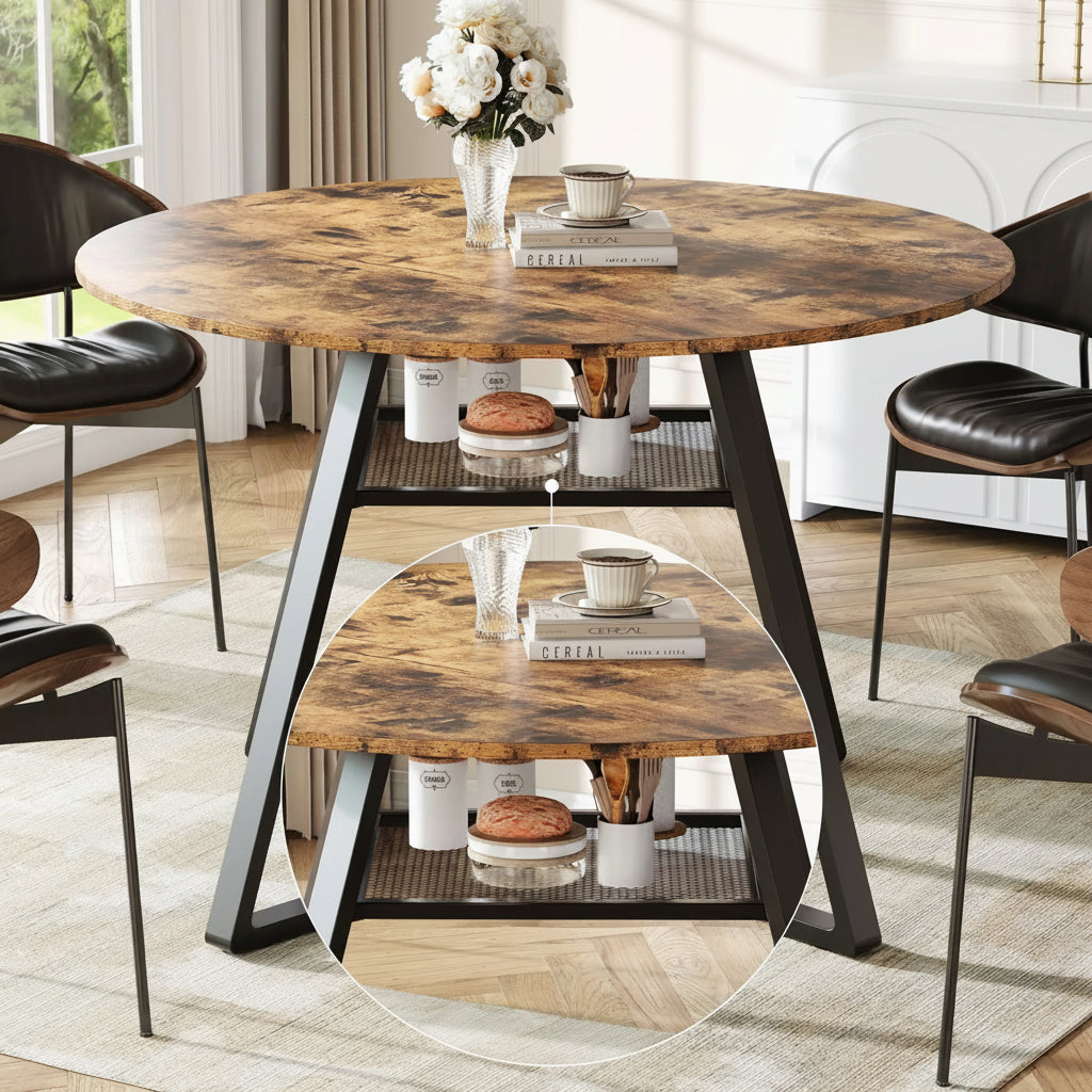 Ronde Eettafel - Houtlook Tafelblad - Zwart Metalen Frame