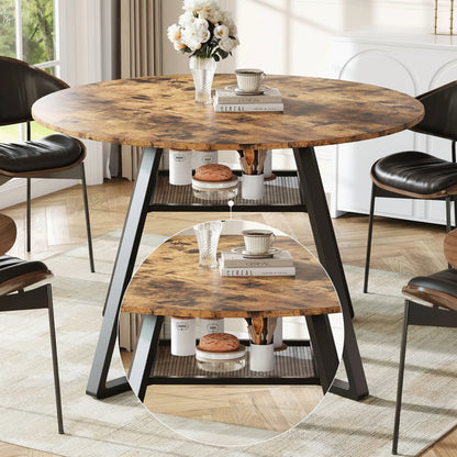 Ronde Eettafel - Houtlook Tafelblad - Zwart Metalen Frame