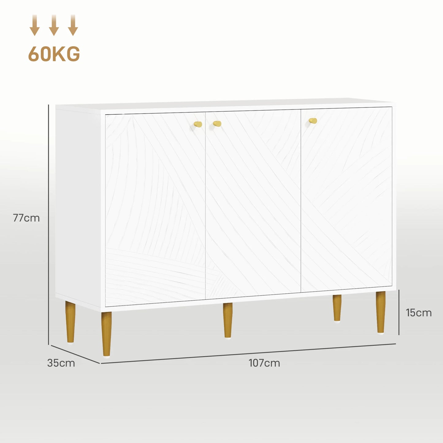 HOMCOM Buffet, storage unit, with 2 closet, adjustable shelves, 3 doors with carved lines, steel Golden Feet, blan