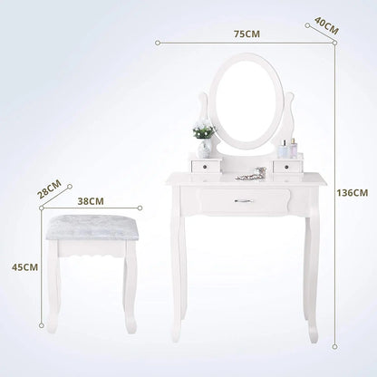 Make-up Tafel - Set met Spiegel en Stoel - 3 Laden - Wit