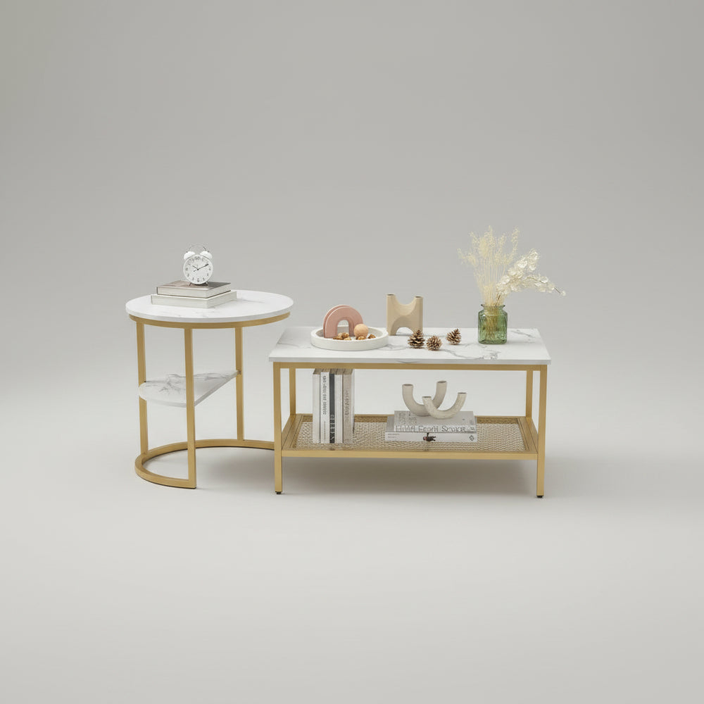 Salontafel Set - 2-Delig - Rond En Rechthoekig - Wit En Goud