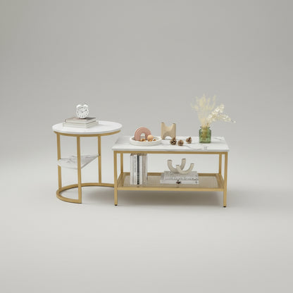 Salontafel Set - 2-Delig - Rond En Rechthoekig - Wit En Goud