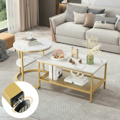 Salontafel Set - 2-Delig - Rond En Rechthoekig - Wit En Goud