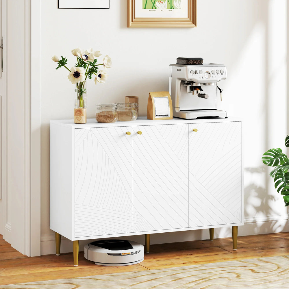 HOMCOM Buffet, storage unit, with 2 closet, adjustable shelves, 3 doors with carved lines, steel Golden Feet, blan