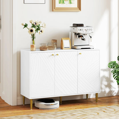 HOMCOM Buffet, storage unit, with 2 closet, adjustable shelves, 3 doors with carved lines, steel Golden Feet, blan