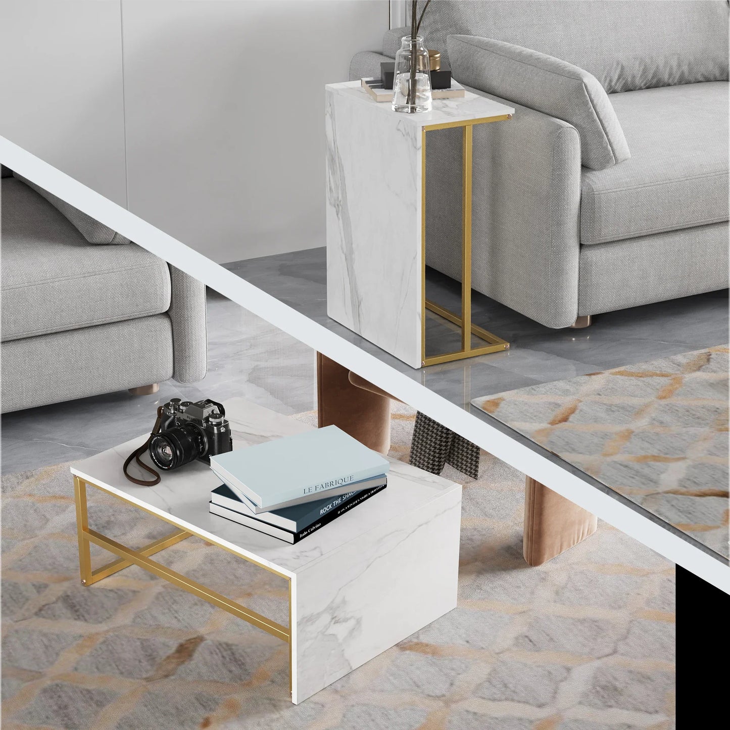 Salontafel - 2-delig - Wit Tafelblad - Zwart - Metalen Frame