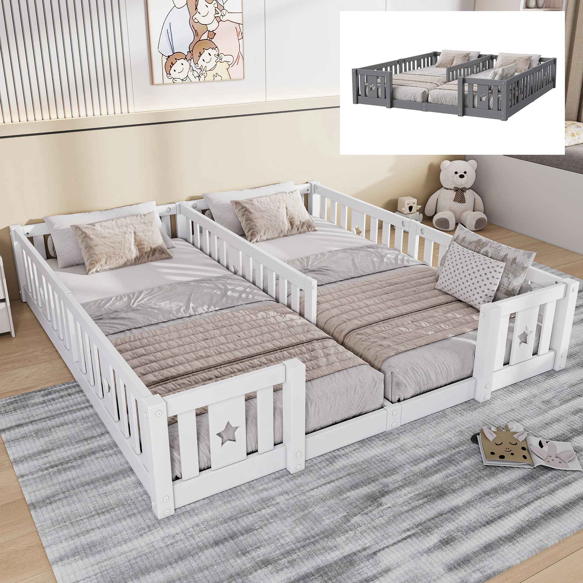 Houten Vloerbed met Speelhekken - 2 Pakketten - 53x10x60cm, Grijs/Wit