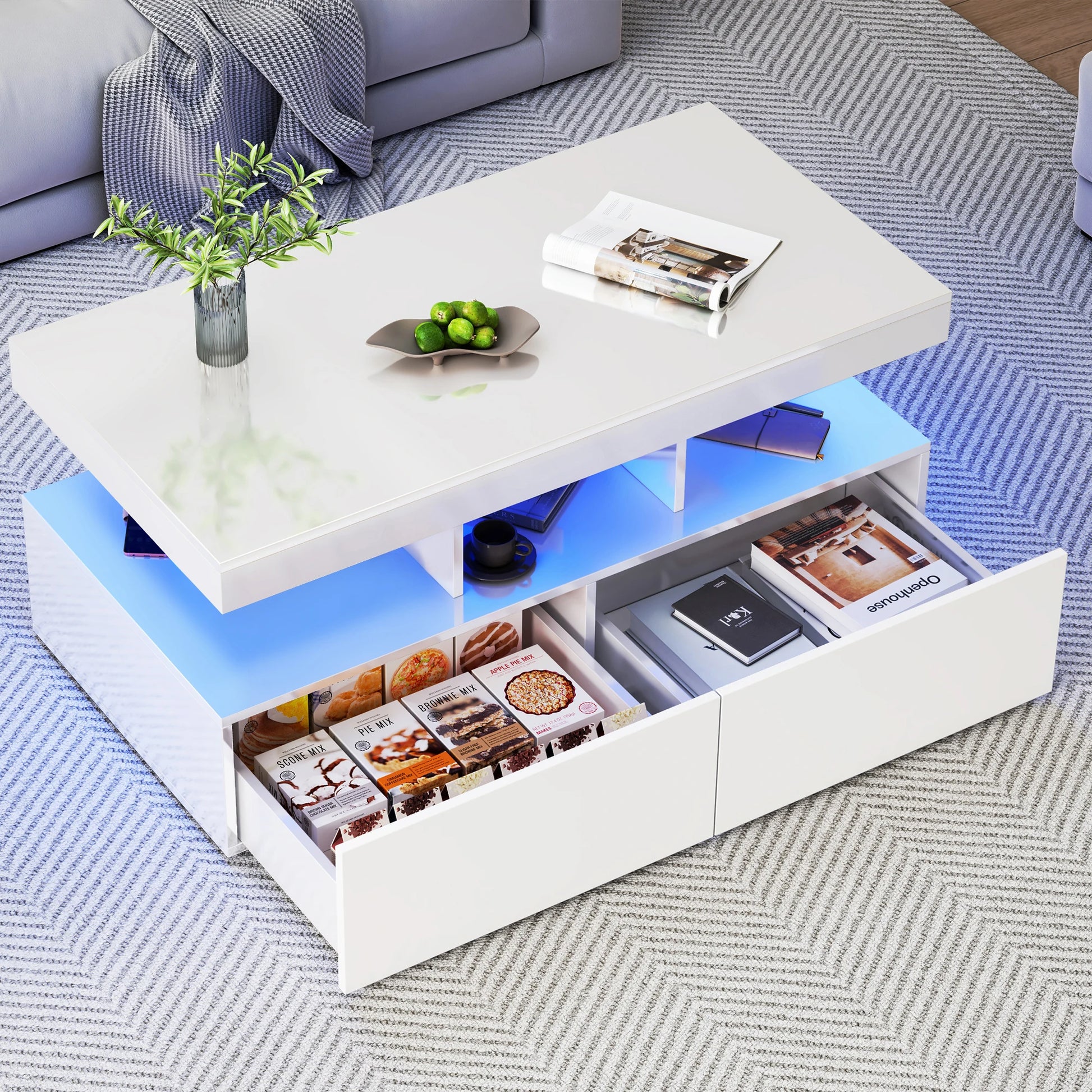 Houten Salontafel - Verstelbare LED-verlichting, 2 Laden, 104 × 53 × 46 cm