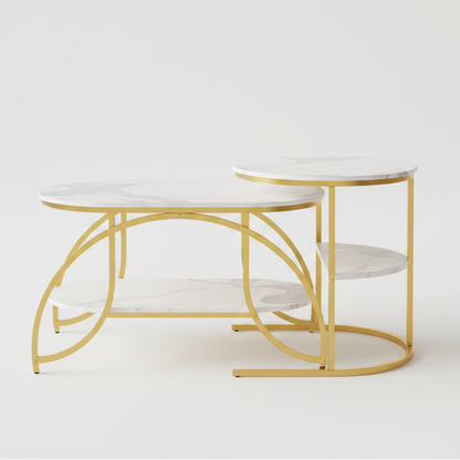 Salontafel - 2-Delig - Marmerlook Tafelblad - Gouden Frame