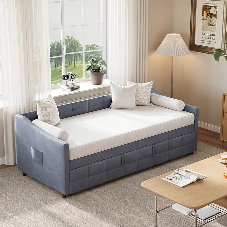 Slaapbank - 90 × 200 cm - Grijs, Modern Design met Uitschuiffunctie
