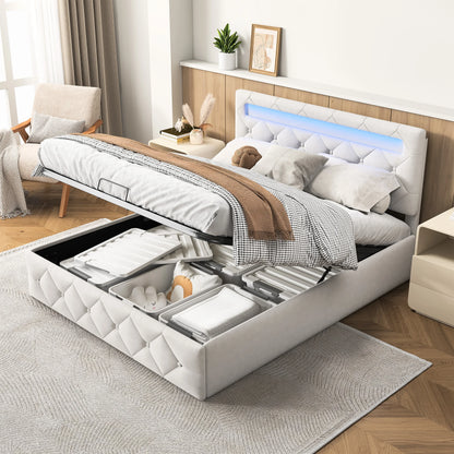 Gestoffeerd Bedframe met LED-verlichting & Hydraulische Opbergruimte - 140 × 200 cm