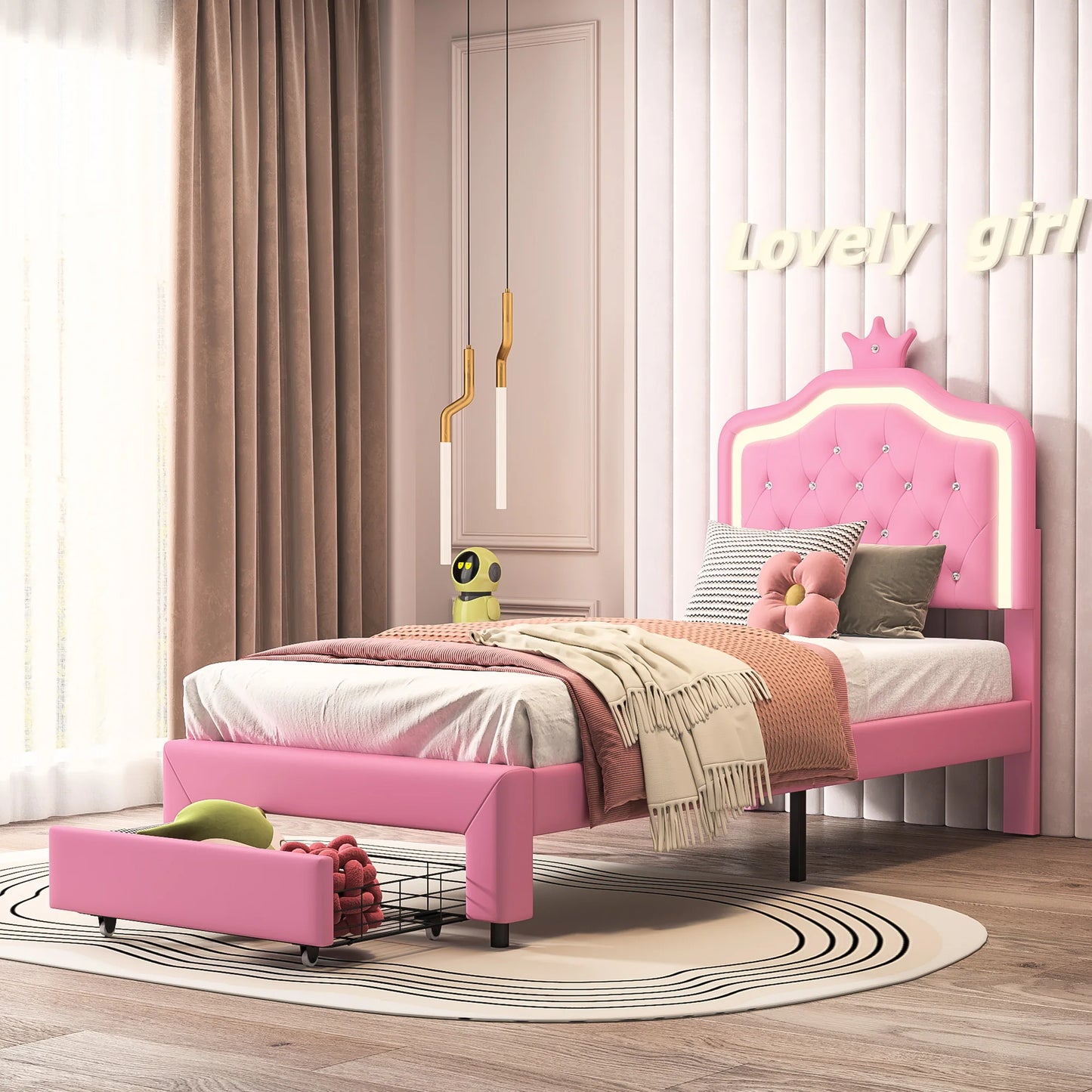 Eenpersoons Bedframe met LED Verlichting - 90x200cm - Roze