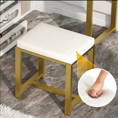 Houten L-vormige Kaptafel Set - Spiegel, LED-verlichting met 3 Lichtmodi, 5 Laden & Houten Kruk
