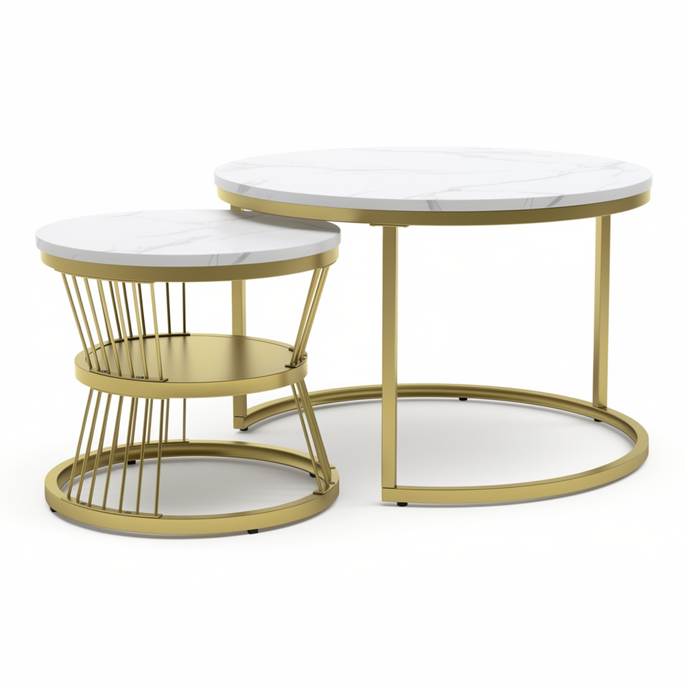 Salontafel - Wit Tafelblad - Gouden Metalen Frame - Marmerpatroon