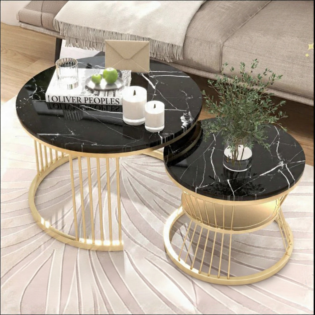 Ronde Salontafel Set - 2 Stuks - Zwart & Wit Marmerlook, Metalen Frame