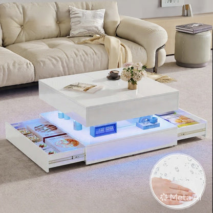 Hoogglans Salontafel - RGB LED-verlichting, Opbergladen, 60 × 60 cm, Wit/Zwart