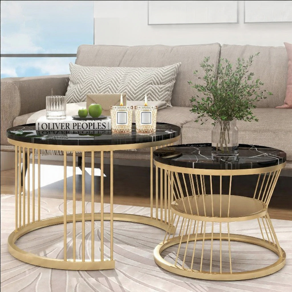 Ronde Salontafel Set - 2 Stuks - Zwart & Wit Marmerlook, Metalen Frame