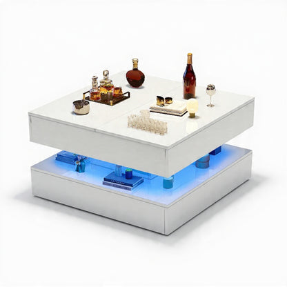 Hoogglans Salontafel - RGB LED-verlichting, Opbergladen, 60 × 60 cm, Wit/Zwart