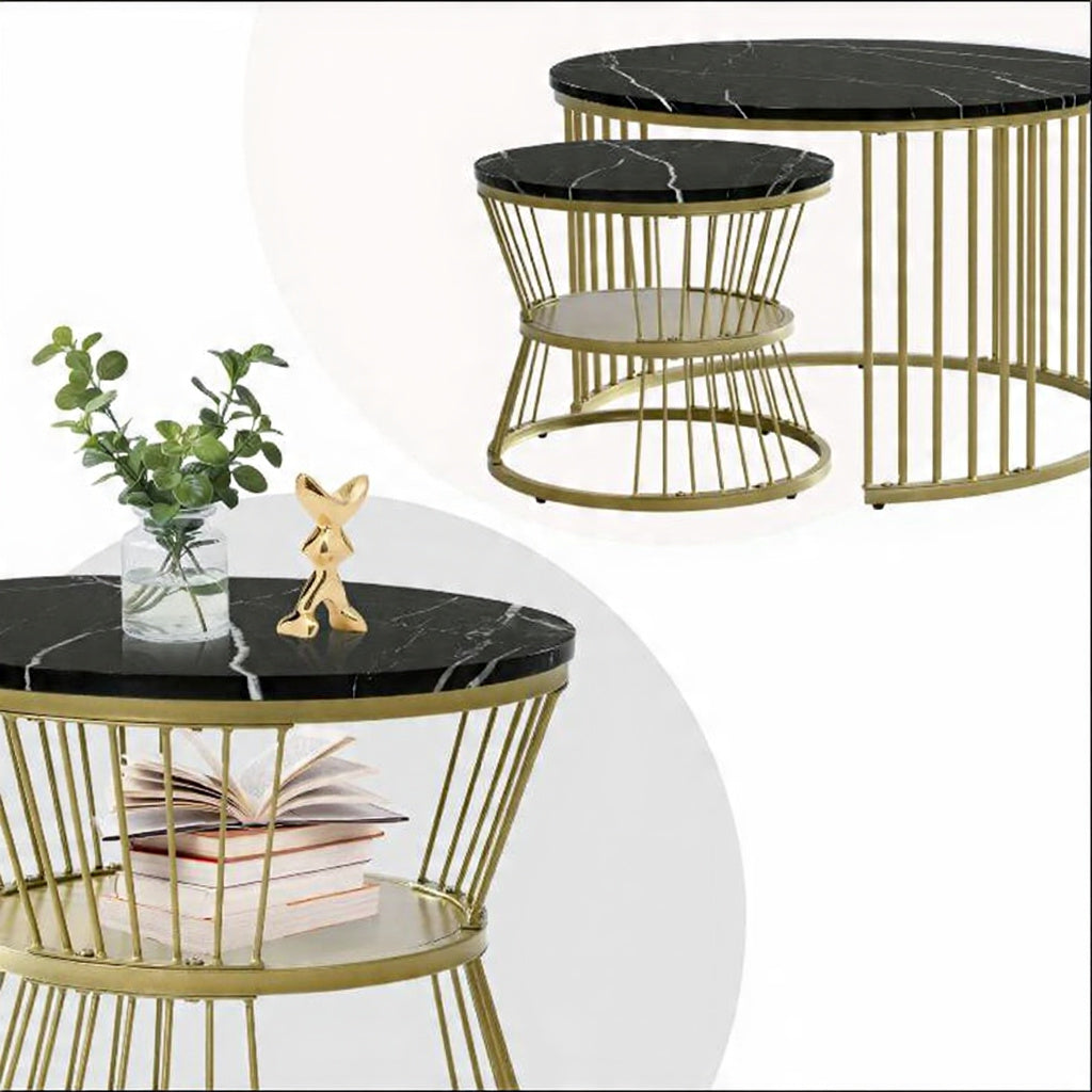 Ronde Salontafel Set - 2 Stuks - Zwart & Wit Marmerlook, Metalen Frame
