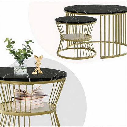 Ronde Salontafel Set - 2 Stuks - Zwart & Wit Marmerlook, Metalen Frame