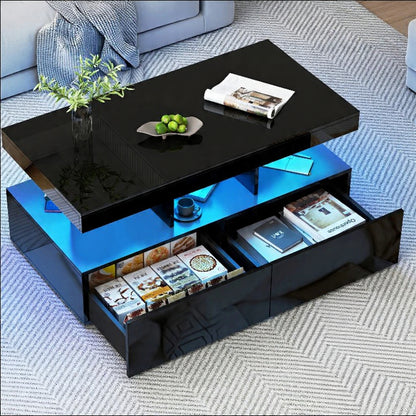 Houten Salontafel - Verstelbare LED-verlichting, 2 Laden, 104 × 53 × 46 cm