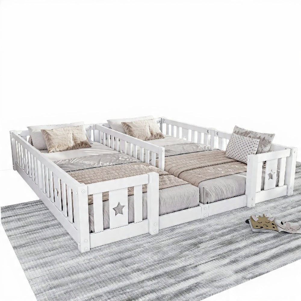 Houten Kinder Vloerbed - Veiligheidshekje, Grijs/Wit, Inclusief Lattenbodem