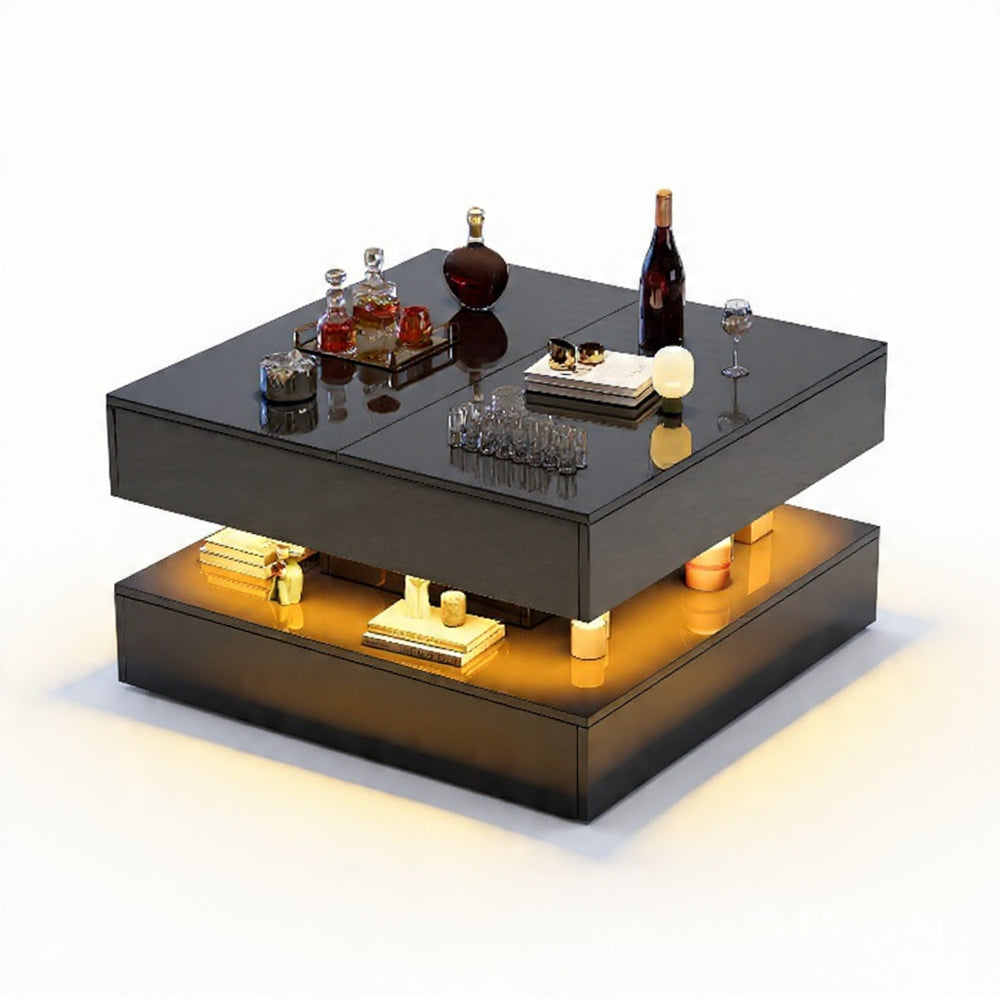 Hoogglans Salontafel - RGB LED-verlichting, 2 Laden, 53 × 53 × 30 cm, Wit/Zwart