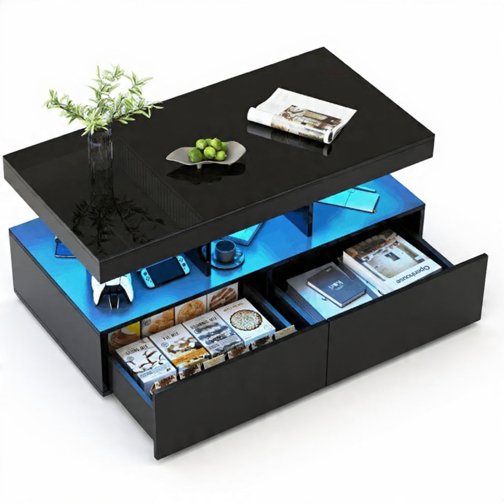 Salontafel met LED-verlichting - Kunstleren Afwerking, 2 Laden, 104 × 53 × 46 cm