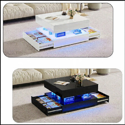 Hoogglans Salontafel - RGB LED-verlichting, Opbergladen, 60 × 60 cm, Wit/Zwart