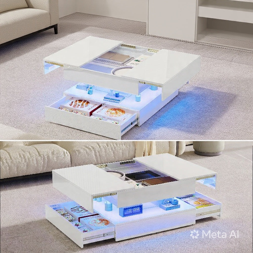 Hoogglans Salontafel - RGB LED-verlichting, Opbergladen, 60 × 60 cm, Wit/Zwart