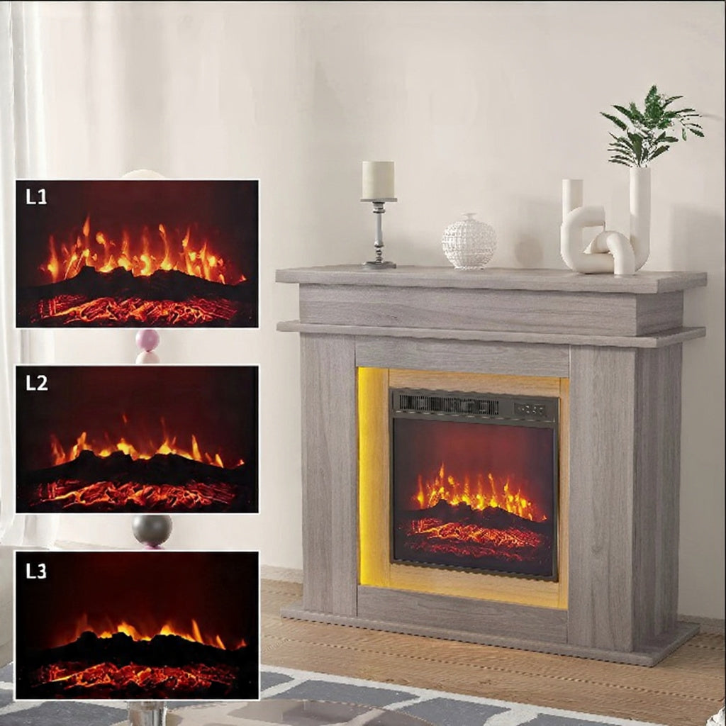 Elektrische Sfeerhaard - 3D Vlameffect, Dimbare LED-verlichting, Wit/Eiken, 101 × 34,5 × 88,8 cm